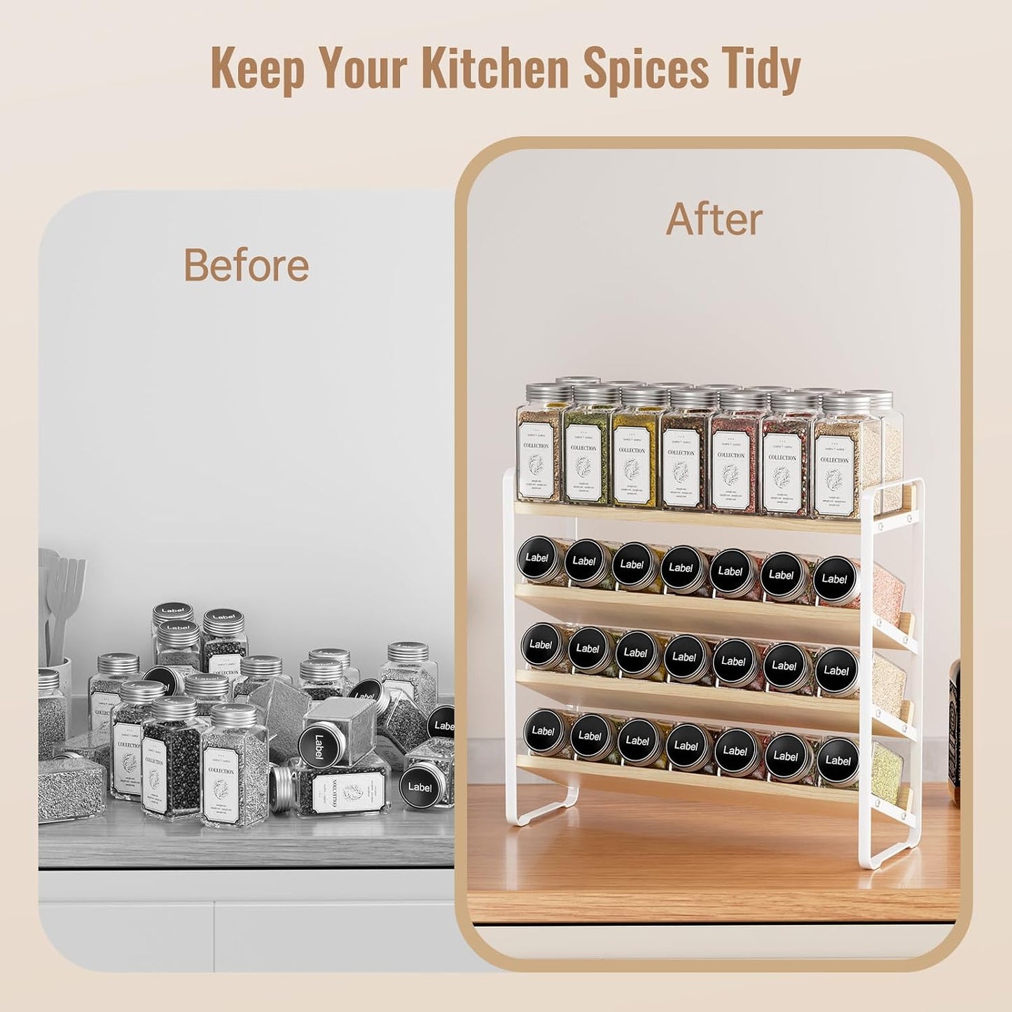 4 Tier Spice Rack Organizer for Cabinet,Wooden Vertical Spice Shelf, Seasoning Organizer for Countertop, Kitchen, Pantry, Freestanding, 13.4" W × 11.2" H (No Jars Included), White