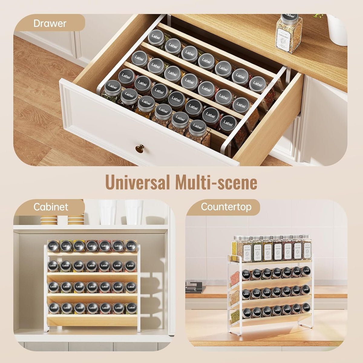 4 Tier Spice Rack Organizer for Cabinet,Wooden Vertical Spice Shelf, Seasoning Organizer for Countertop, Kitchen, Pantry, Freestanding, 13.4" W × 11.2" H (No Jars Included), White
