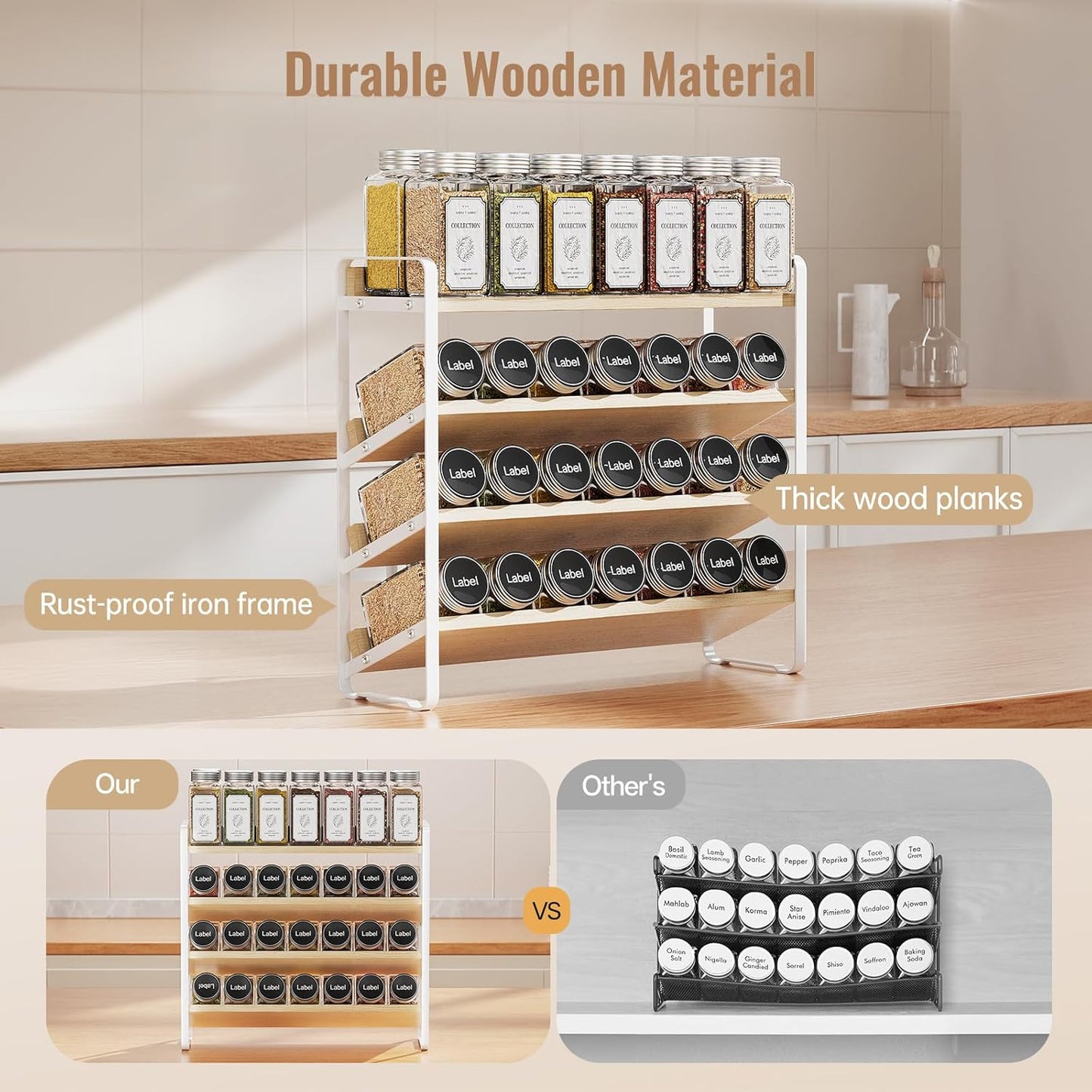 4 Tier Spice Rack Organizer for Cabinet,Wooden Vertical Spice Shelf, Seasoning Organizer for Countertop, Kitchen, Pantry, Freestanding, 13.4" W × 11.2" H (No Jars Included), White