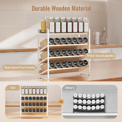 4 Tier Spice Rack Organizer for Cabinet,Wooden Vertical Spice Shelf, Seasoning Organizer for Countertop, Kitchen, Pantry, Freestanding, 13.4" W × 11.2" H (No Jars Included), White