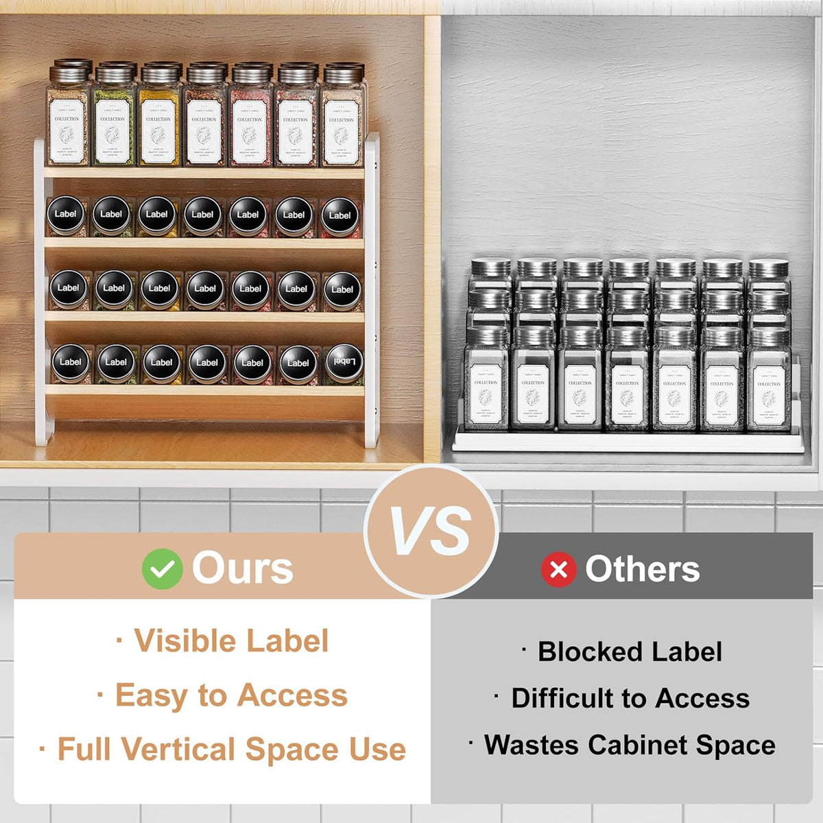 4 Tier Spice Rack Organizer for Cabinet,Wooden Vertical Spice Shelf, Seasoning Organizer for Countertop, Kitchen, Pantry, Freestanding, 13.4" W × 11.2" H (No Jars Included), White
