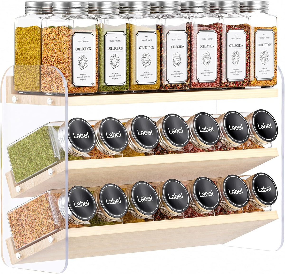 4 Tier Spice Rack Organizer for Cabinet,Wooden Vertical Spice Shelf, Seasoning Organizer for Countertop, Kitchen, Pantry, Freestanding, 13.4" W × 11.2" H (No Jars Included), White