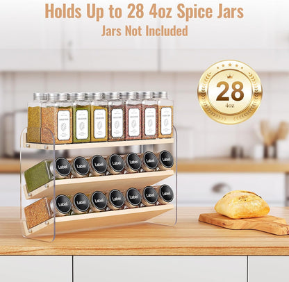 4 Tier Spice Rack Organizer for Cabinet,Wooden Vertical Spice Shelf, Seasoning Organizer for Countertop, Kitchen, Pantry, Freestanding, 13.4" W × 11.2" H (No Jars Included), White