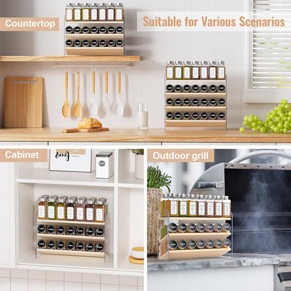 4 Tier Spice Rack Organizer for Cabinet,Wooden Vertical Spice Shelf, Seasoning Organizer for Countertop, Kitchen, Pantry, Freestanding, 13.4" W × 11.2" H (No Jars Included), White