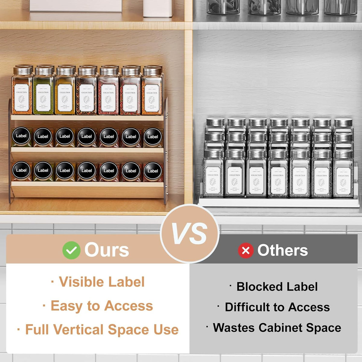 4 Tier Spice Rack Organizer for Cabinet,Wooden Vertical Spice Shelf, Seasoning Organizer for Countertop, Kitchen, Pantry, Freestanding, 13.4" W × 11.2" H (No Jars Included), White