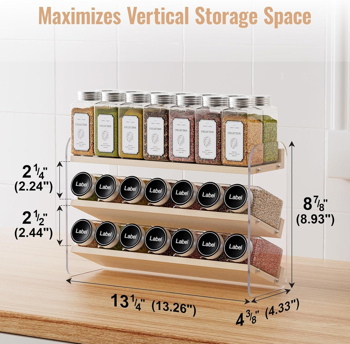 4 Tier Spice Rack Organizer for Cabinet,Wooden Vertical Spice Shelf, Seasoning Organizer for Countertop, Kitchen, Pantry, Freestanding, 13.4" W × 11.2" H (No Jars Included), White