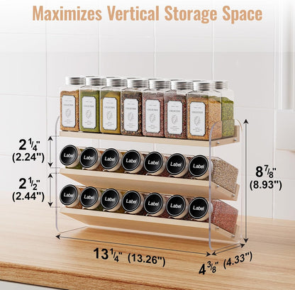 4 Tier Spice Rack Organizer for Cabinet,Wooden Vertical Spice Shelf, Seasoning Organizer for Countertop, Kitchen, Pantry, Freestanding, 13.4" W × 11.2" H (No Jars Included), White