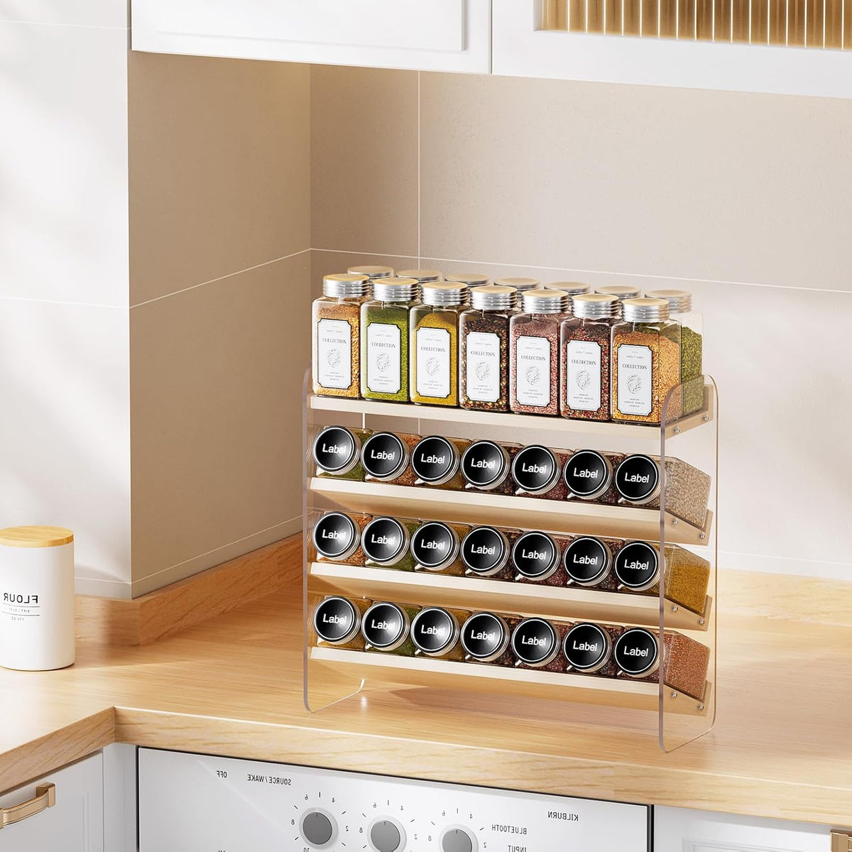 4 Tier Spice Rack Organizer for Cabinet,Wooden Vertical Spice Shelf, Seasoning Organizer for Countertop, Kitchen, Pantry, Freestanding, 13.4" W × 11.2" H (No Jars Included), White