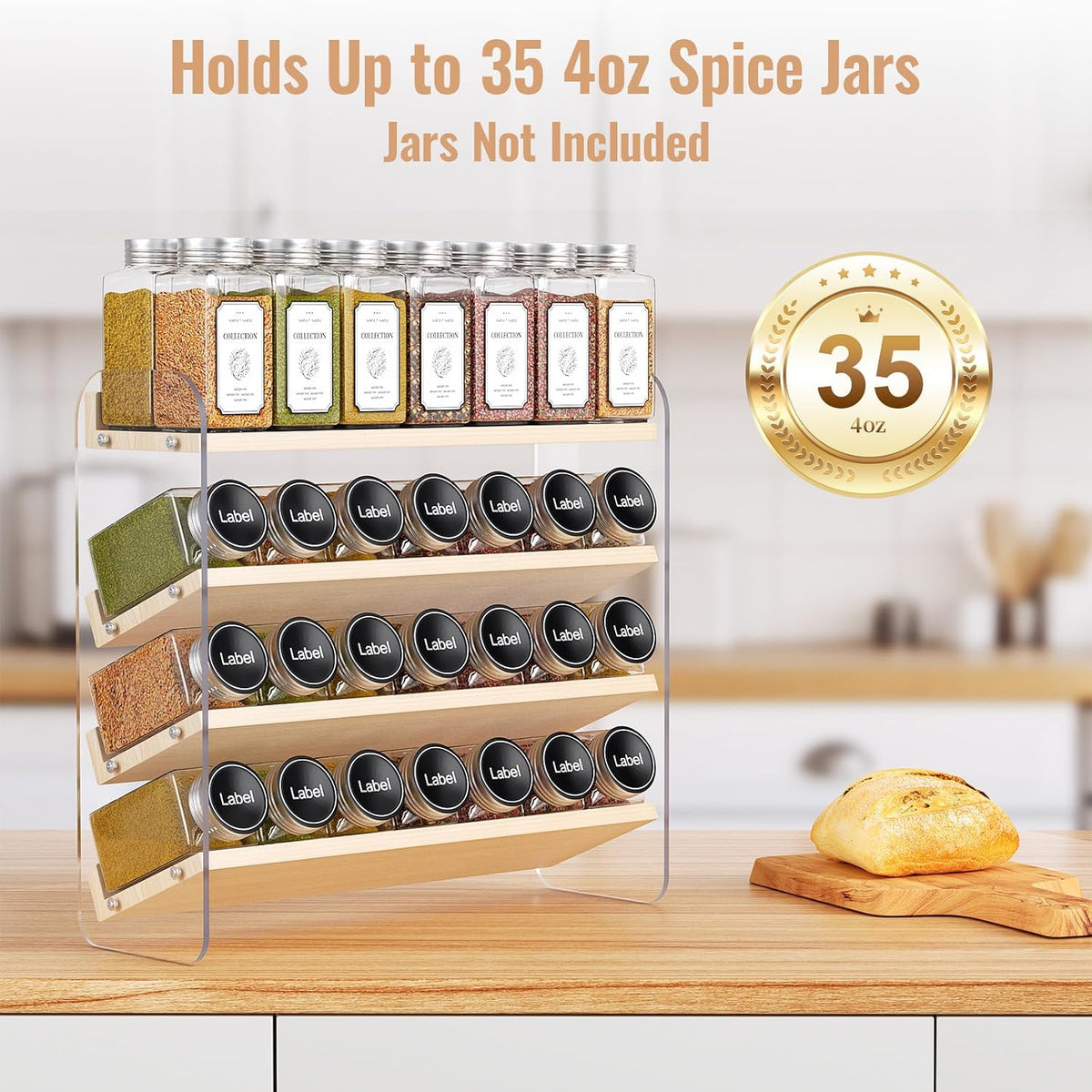 4 Tier Spice Rack Organizer for Cabinet,Wooden Vertical Spice Shelf, Seasoning Organizer for Countertop, Kitchen, Pantry, Freestanding, 13.4" W × 11.2" H (No Jars Included), White