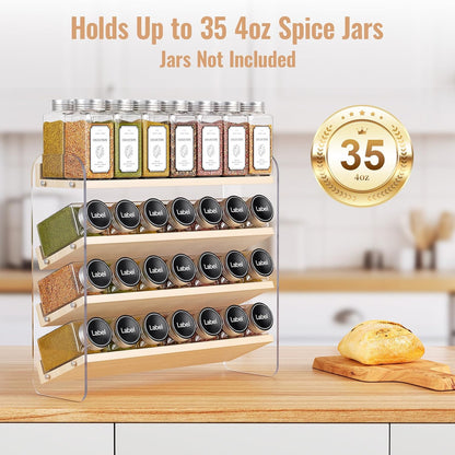 4 Tier Spice Rack Organizer for Cabinet,Wooden Vertical Spice Shelf, Seasoning Organizer for Countertop, Kitchen, Pantry, Freestanding, 13.4" W × 11.2" H (No Jars Included), White