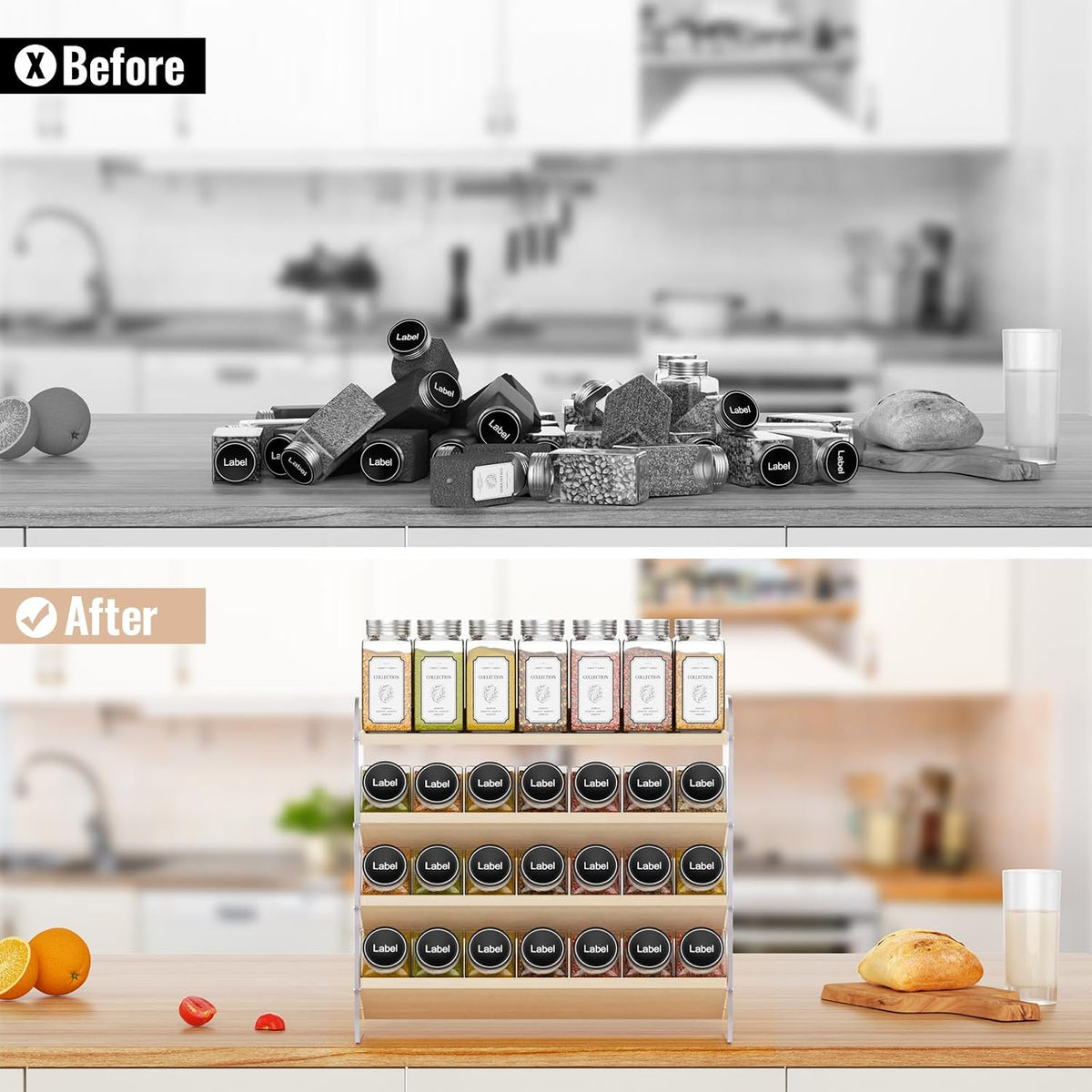 4 Tier Spice Rack Organizer for Cabinet,Wooden Vertical Spice Shelf, Seasoning Organizer for Countertop, Kitchen, Pantry, Freestanding, 13.4" W × 11.2" H (No Jars Included), White