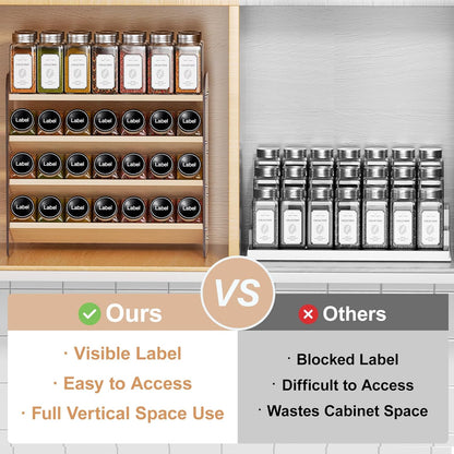4 Tier Spice Rack Organizer for Cabinet,Wooden Vertical Spice Shelf, Seasoning Organizer for Countertop, Kitchen, Pantry, Freestanding, 13.4" W × 11.2" H (No Jars Included), White