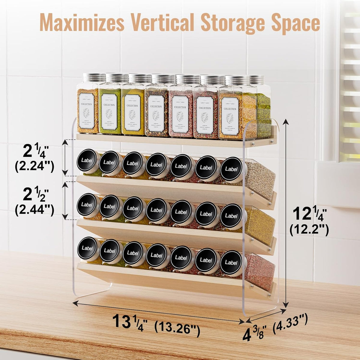 4 Tier Spice Rack Organizer for Cabinet,Wooden Vertical Spice Shelf, Seasoning Organizer for Countertop, Kitchen, Pantry, Freestanding, 13.4" W × 11.2" H (No Jars Included), White