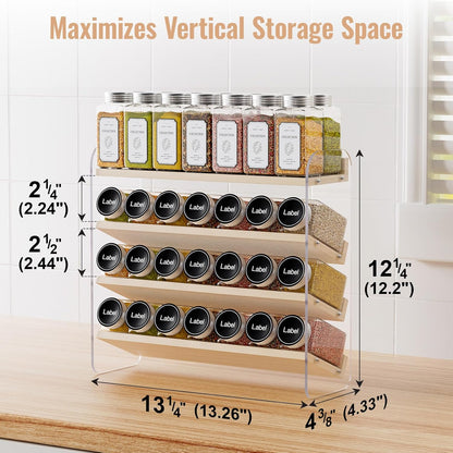 4 Tier Spice Rack Organizer for Cabinet,Wooden Vertical Spice Shelf, Seasoning Organizer for Countertop, Kitchen, Pantry, Freestanding, 13.4" W × 11.2" H (No Jars Included), White