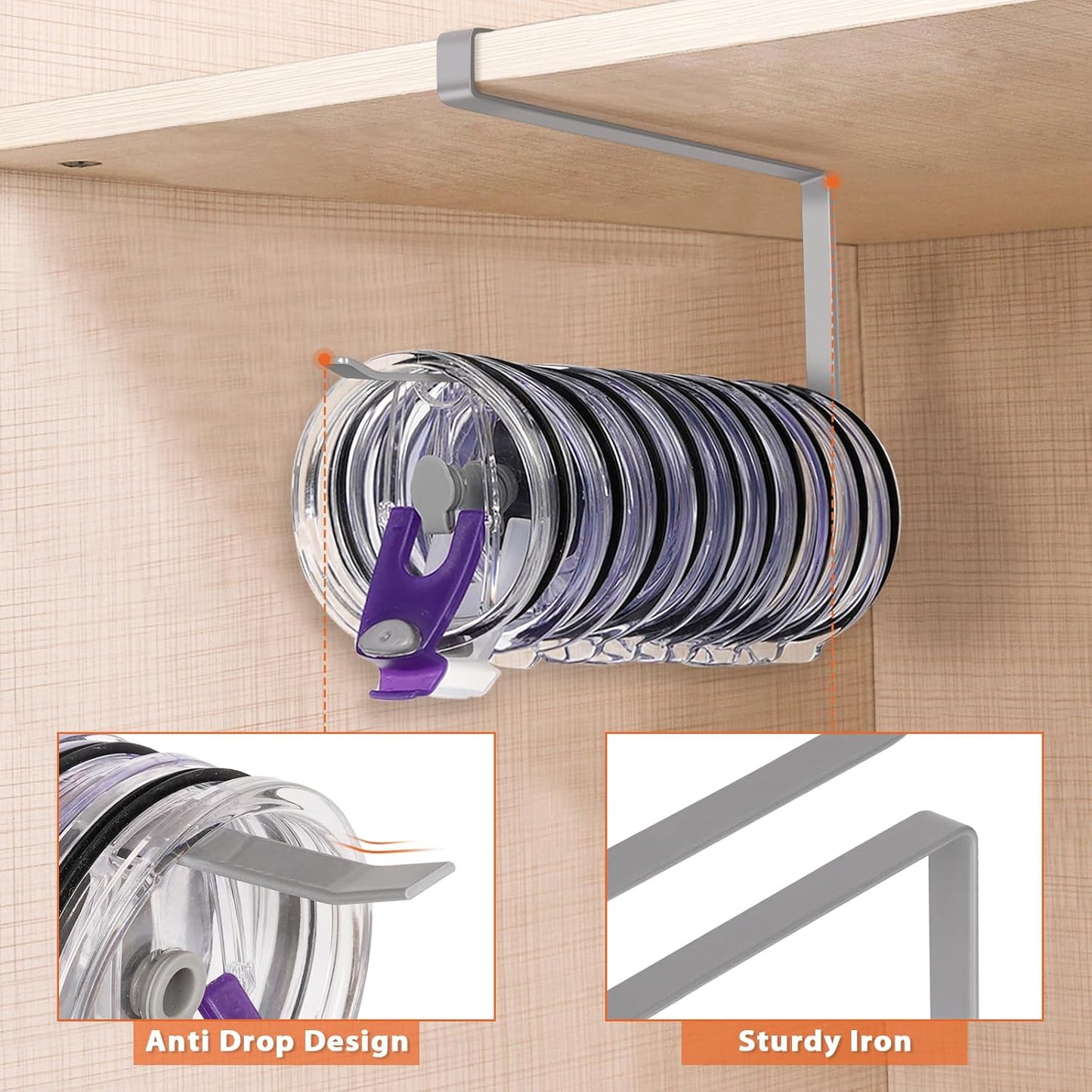 Tumbler Lid Organizer, Versatile Tumbler Lid Storage Holds 10 Lids, Black | Space Saving Cup Lid Organizers Inside Cabinet Tumbler Lid Hook for Kitchen Organizer and Storage, Paper Towel Rack Hanger