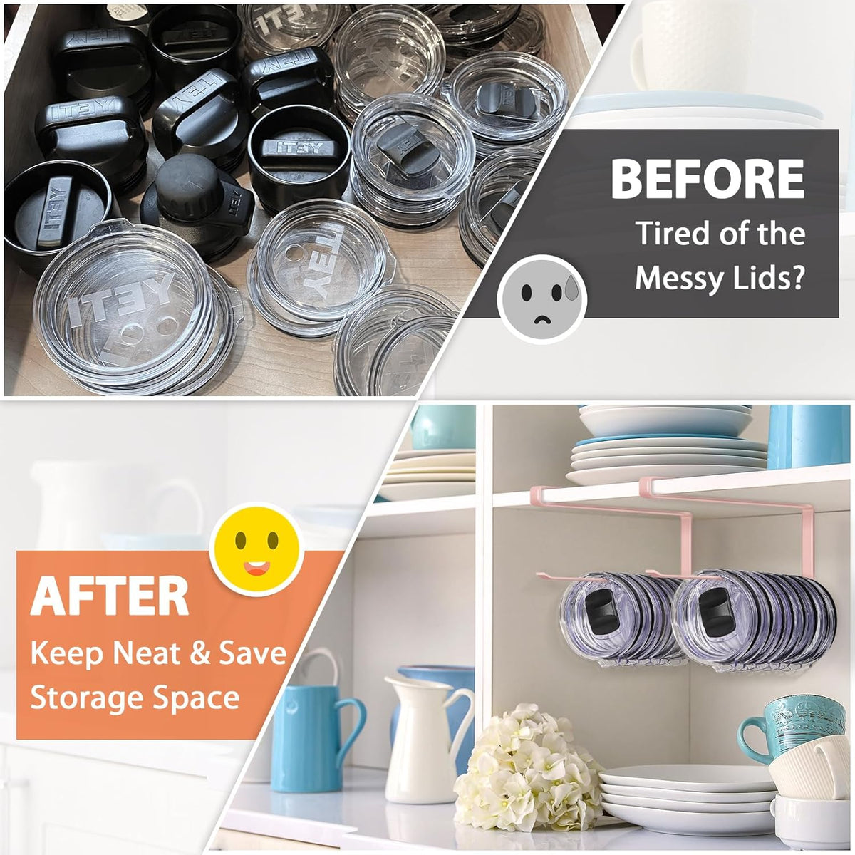 Tumbler Lid Organizer, Versatile Tumbler Lid Storage Holds 10 Lids, Black | Space Saving Cup Lid Organizers Inside Cabinet Tumbler Lid Hook for Kitchen Organizer and Storage, Paper Towel Rack Hanger