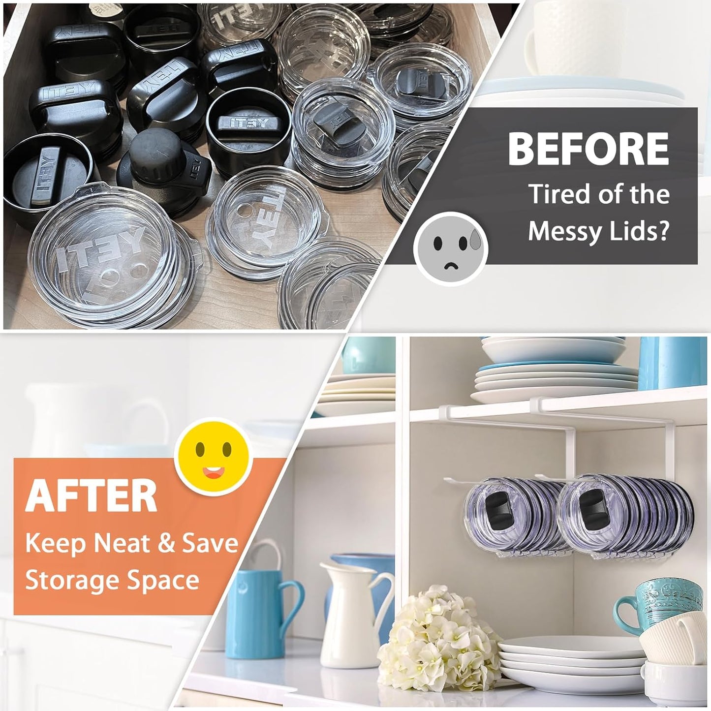 Tumbler Lid Organizer, Versatile Tumbler Lid Storage Holds 10 Lids, Black | Space Saving Cup Lid Organizers Inside Cabinet Tumbler Lid Hook for Kitchen Organizer and Storage, Paper Towel Rack Hanger