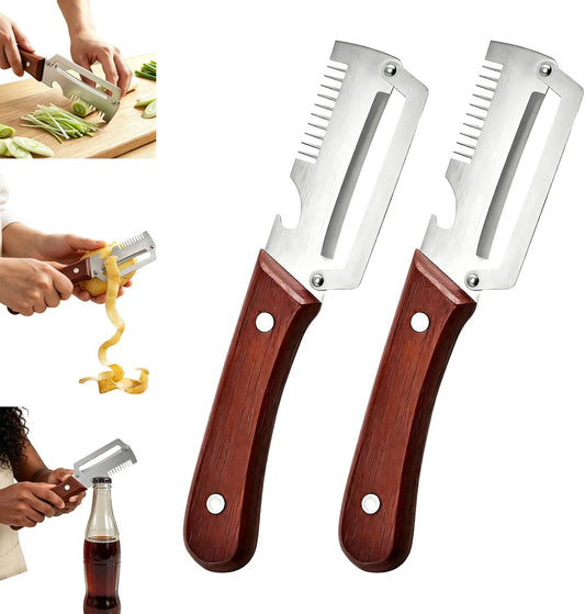 Premium Vegetable Peeler with Wooden Handle and Bottle Opener, 2026 New Multi-functional Vegetable Peeler, Kitchen Gadgets Tool for Fruit Pumpkin Peeling Potato Carrot Veggie Peeler (2PCS)