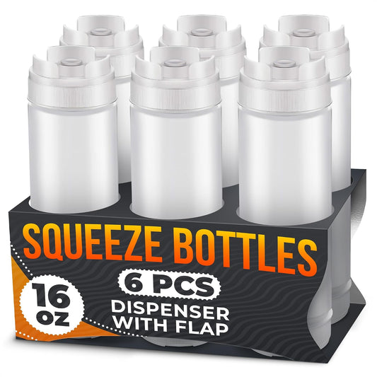Set of 6 Inverted Condiment Squeeze Bottles 16 oz – Upgraded Design with Added Sealing Gaskets, Self-Closing Valve, Easy-to-Fill Clear Bottles for Sauces, Dressings, Ketchup, Mustard for Everyday Use