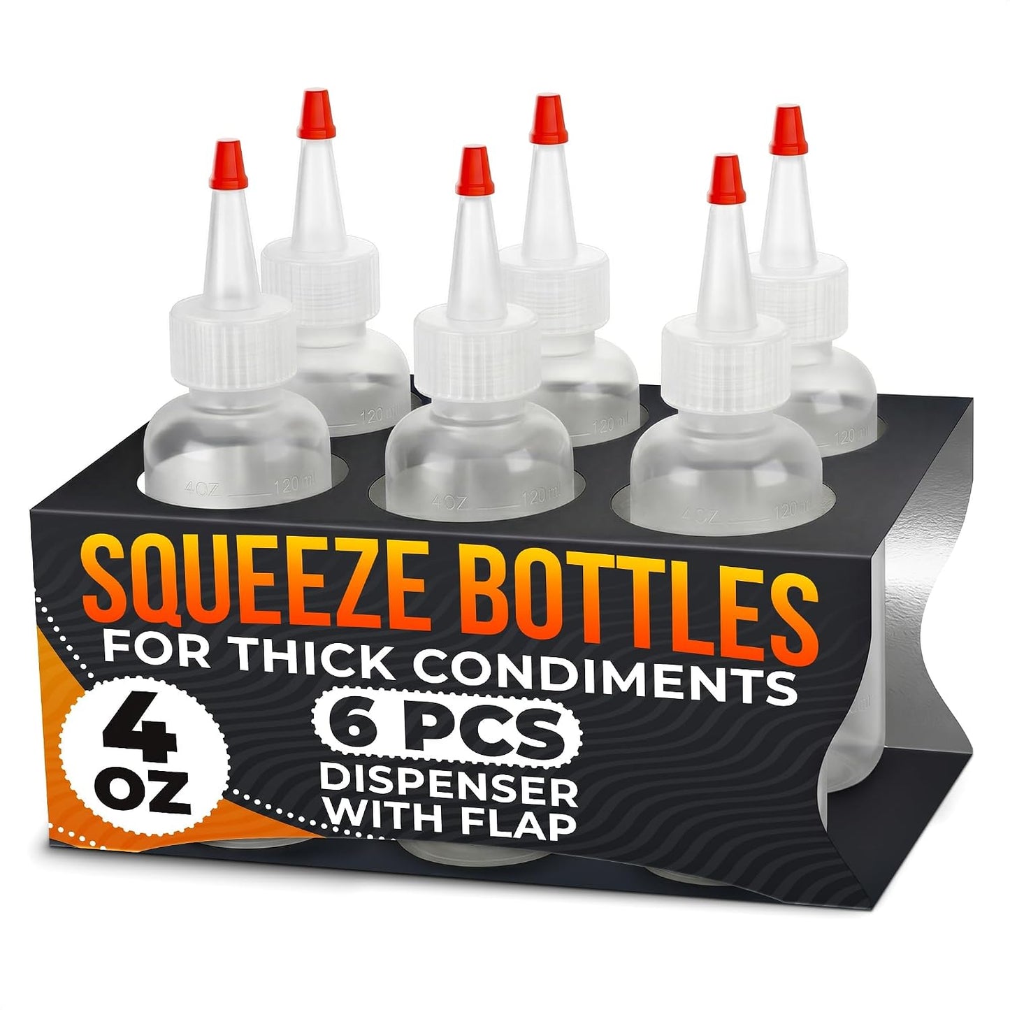 Set of 6 Inverted Condiment Squeeze Bottles 16 oz – Upgraded Design with Added Sealing Gaskets, Self-Closing Valve, Easy-to-Fill Clear Bottles for Sauces, Dressings, Ketchup, Mustard for Everyday Use