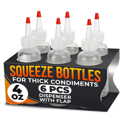 Set of 6 Inverted Condiment Squeeze Bottles 16 oz – Upgraded Design with Added Sealing Gaskets, Self-Closing Valve, Easy-to-Fill Clear Bottles for Sauces, Dressings, Ketchup, Mustard for Everyday Use