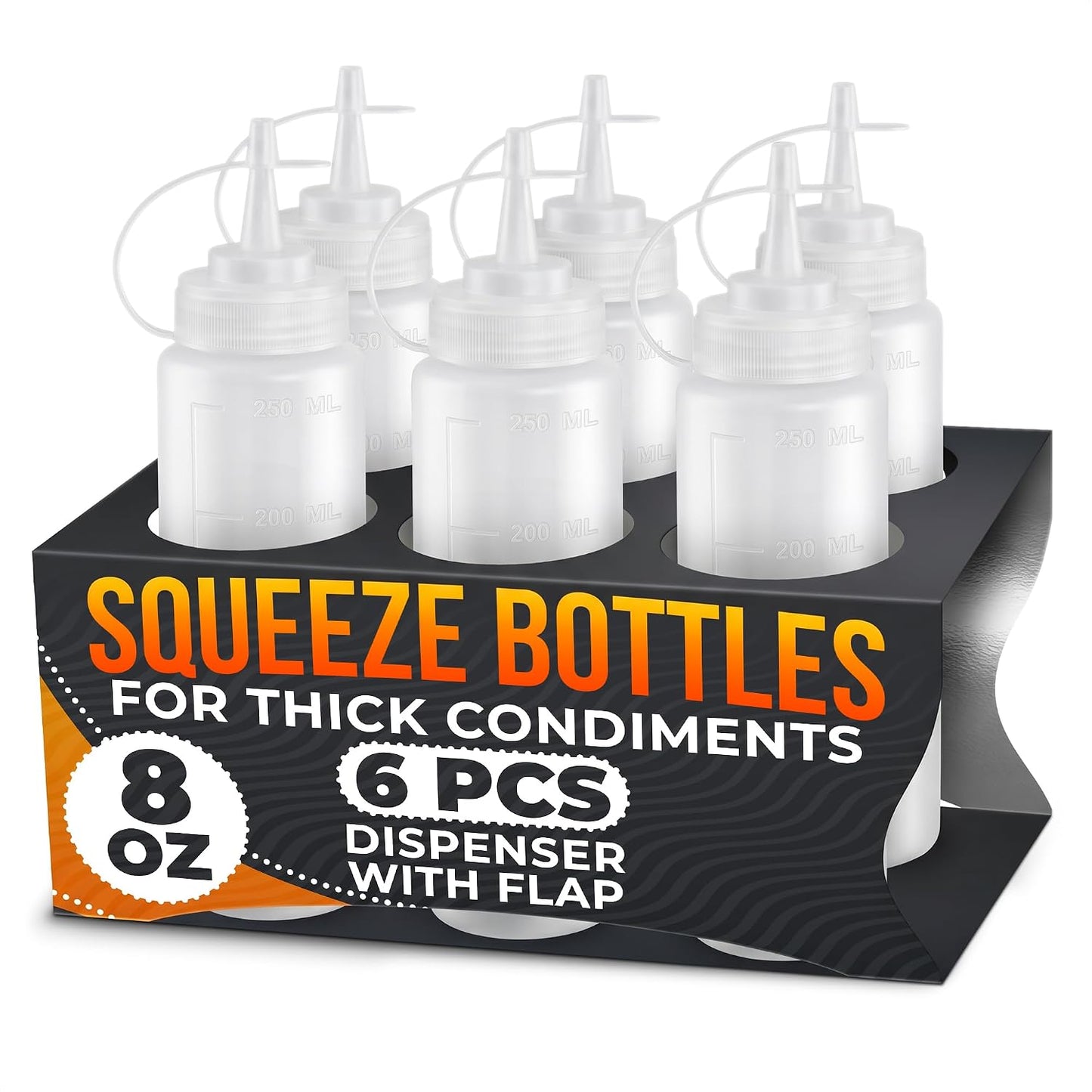 Set of 6 Inverted Condiment Squeeze Bottles 16 oz – Upgraded Design with Added Sealing Gaskets, Self-Closing Valve, Easy-to-Fill Clear Bottles for Sauces, Dressings, Ketchup, Mustard for Everyday Use