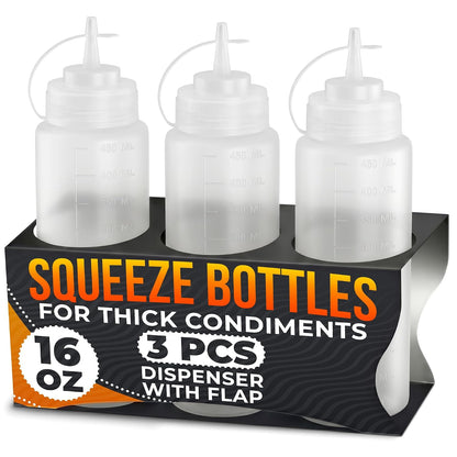 Set of 6 Inverted Condiment Squeeze Bottles 16 oz – Upgraded Design with Added Sealing Gaskets, Self-Closing Valve, Easy-to-Fill Clear Bottles for Sauces, Dressings, Ketchup, Mustard for Everyday Use