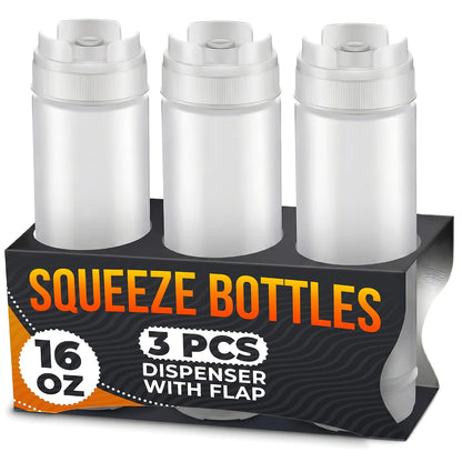 Set of 6 Inverted Condiment Squeeze Bottles 16 oz – Upgraded Design with Added Sealing Gaskets, Self-Closing Valve, Easy-to-Fill Clear Bottles for Sauces, Dressings, Ketchup, Mustard for Everyday Use