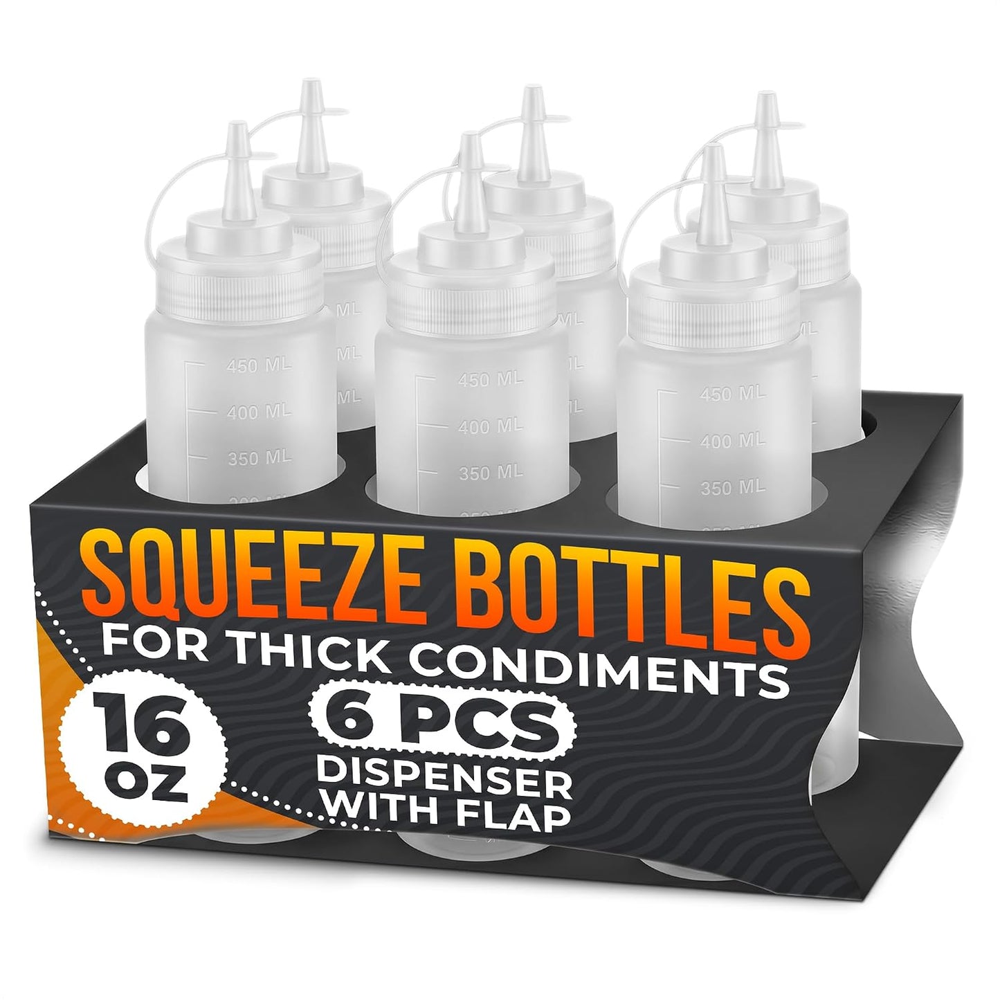 Set of 6 Inverted Condiment Squeeze Bottles 16 oz – Upgraded Design with Added Sealing Gaskets, Self-Closing Valve, Easy-to-Fill Clear Bottles for Sauces, Dressings, Ketchup, Mustard for Everyday Use