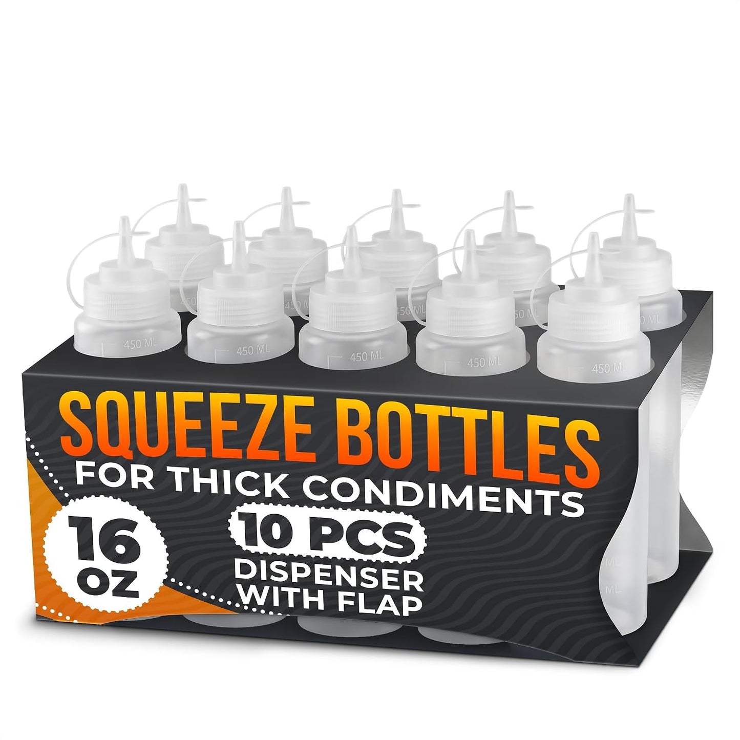 Set of 6 Inverted Condiment Squeeze Bottles 16 oz – Upgraded Design with Added Sealing Gaskets, Self-Closing Valve, Easy-to-Fill Clear Bottles for Sauces, Dressings, Ketchup, Mustard for Everyday Use