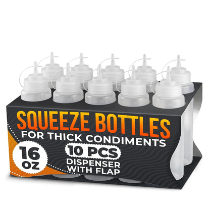Set of 6 Inverted Condiment Squeeze Bottles 16 oz – Upgraded Design with Added Sealing Gaskets, Self-Closing Valve, Easy-to-Fill Clear Bottles for Sauces, Dressings, Ketchup, Mustard for Everyday Use
