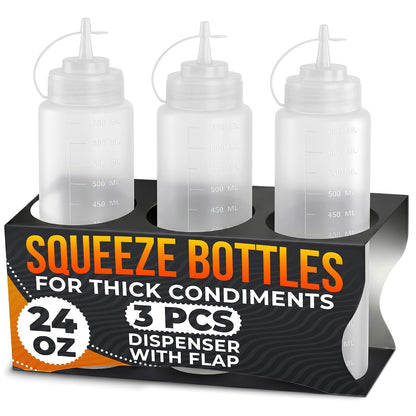 Set of 6 Inverted Condiment Squeeze Bottles 16 oz – Upgraded Design with Added Sealing Gaskets, Self-Closing Valve, Easy-to-Fill Clear Bottles for Sauces, Dressings, Ketchup, Mustard for Everyday Use