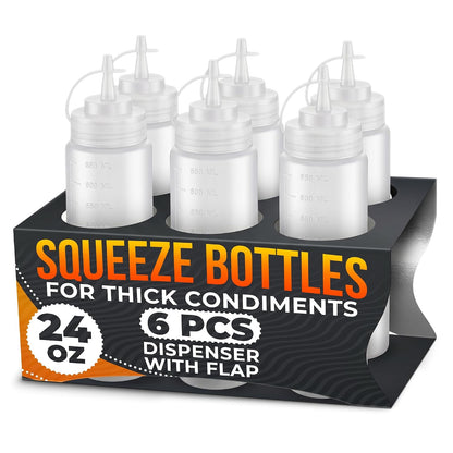 Set of 6 Inverted Condiment Squeeze Bottles 16 oz – Upgraded Design with Added Sealing Gaskets, Self-Closing Valve, Easy-to-Fill Clear Bottles for Sauces, Dressings, Ketchup, Mustard for Everyday Use