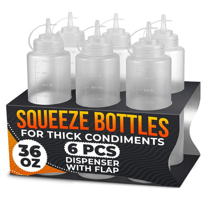 Set of 6 Inverted Condiment Squeeze Bottles 16 oz – Upgraded Design with Added Sealing Gaskets, Self-Closing Valve, Easy-to-Fill Clear Bottles for Sauces, Dressings, Ketchup, Mustard for Everyday Use