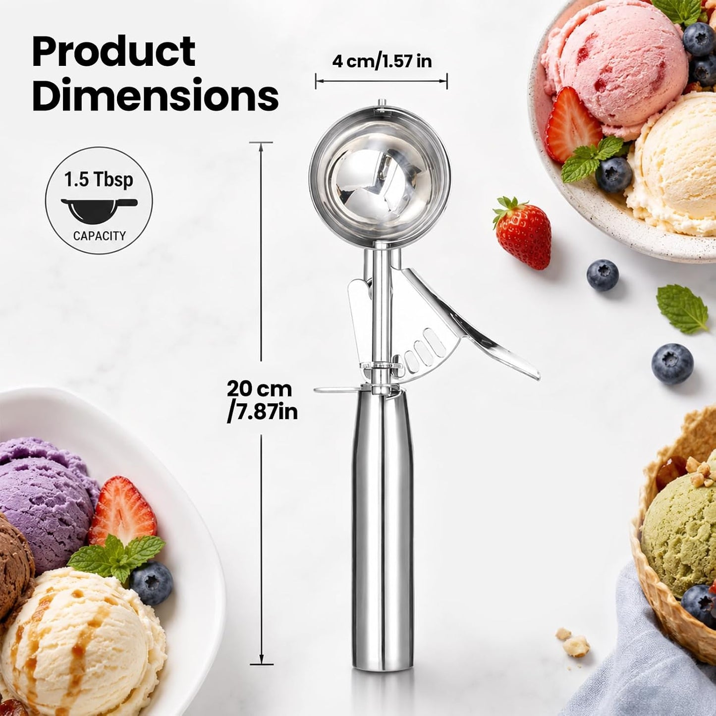 Ice Cream Scoop with Trigger, Small Size Cookie Scoop for Baking-1.5 Tbsp | Premium 18/8 stainless steel, 23 ml capacity, ergonomic springless trigger for perfect portions, rust-proof & dishwasher safe
