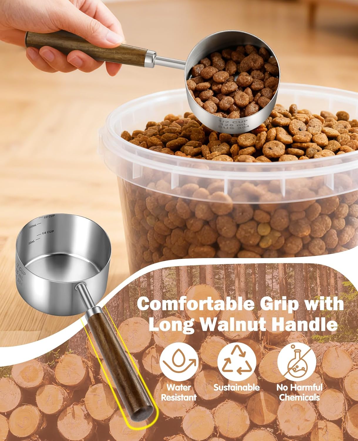 Stainless Steel Dog Food Scoop 1/2 Cup, Dog Food Measuring Cup With Measuring Lines & Long Wooden Handle, Metal Pet Food Scoop For Dogs, Cats and Kitchen Use (1/2 CUP)