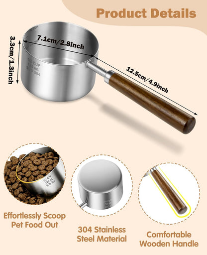 Stainless Steel Dog Food Scoop 1/2 Cup, Dog Food Measuring Cup With Measuring Lines & Long Wooden Handle, Metal Pet Food Scoop For Dogs, Cats and Kitchen Use (1/2 CUP)