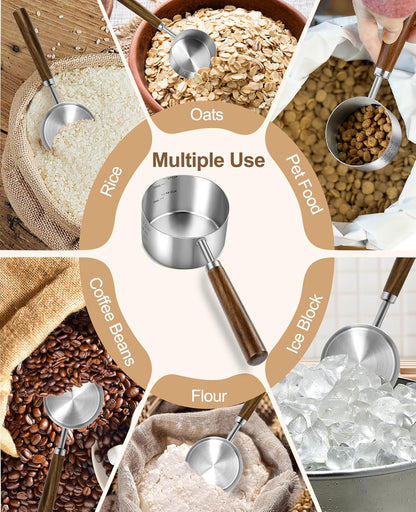 Stainless Steel Dog Food Scoop 1/2 Cup, Dog Food Measuring Cup With Measuring Lines & Long Wooden Handle, Metal Pet Food Scoop For Dogs, Cats and Kitchen Use (1/2 CUP)
