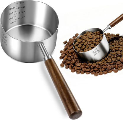 Stainless Steel Dog Food Scoop 1/2 Cup, Dog Food Measuring Cup With Measuring Lines & Long Wooden Handle, Metal Pet Food Scoop For Dogs, Cats and Kitchen Use (1/2 CUP)