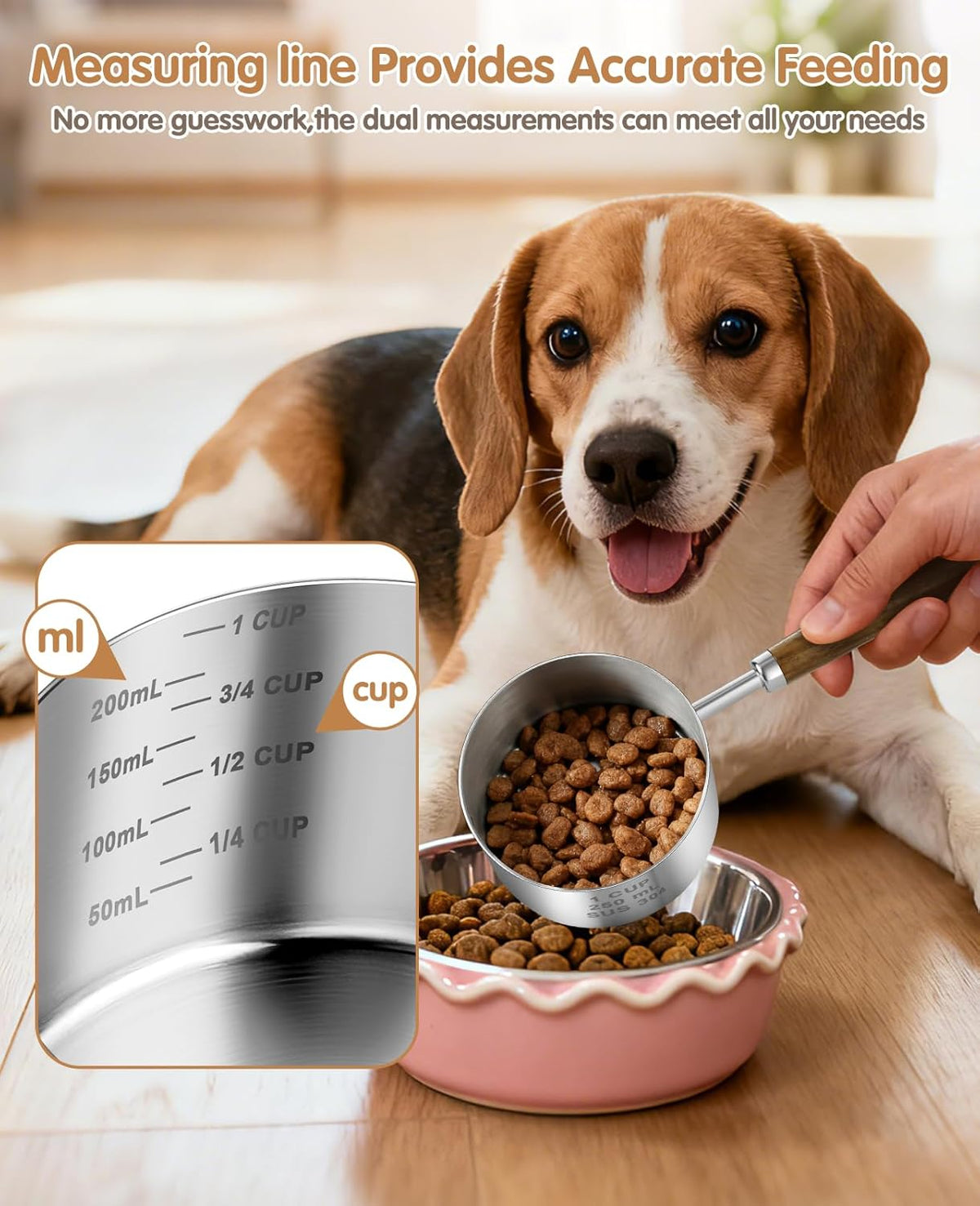 Stainless Steel Dog Food Scoop 1/2 Cup, Dog Food Measuring Cup With Measuring Lines & Long Wooden Handle, Metal Pet Food Scoop For Dogs, Cats and Kitchen Use (1/2 CUP)