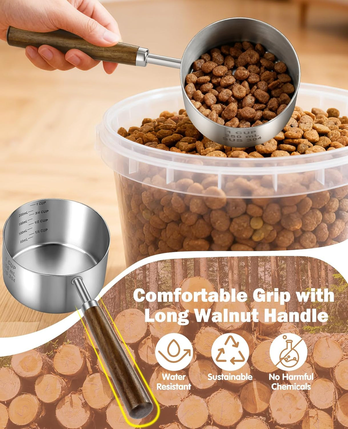 Stainless Steel Dog Food Scoop 1/2 Cup, Dog Food Measuring Cup With Measuring Lines & Long Wooden Handle, Metal Pet Food Scoop For Dogs, Cats and Kitchen Use (1/2 CUP)