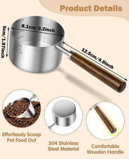 Stainless Steel Dog Food Scoop 1/2 Cup, Dog Food Measuring Cup With Measuring Lines & Long Wooden Handle, Metal Pet Food Scoop For Dogs, Cats and Kitchen Use (1/2 CUP)