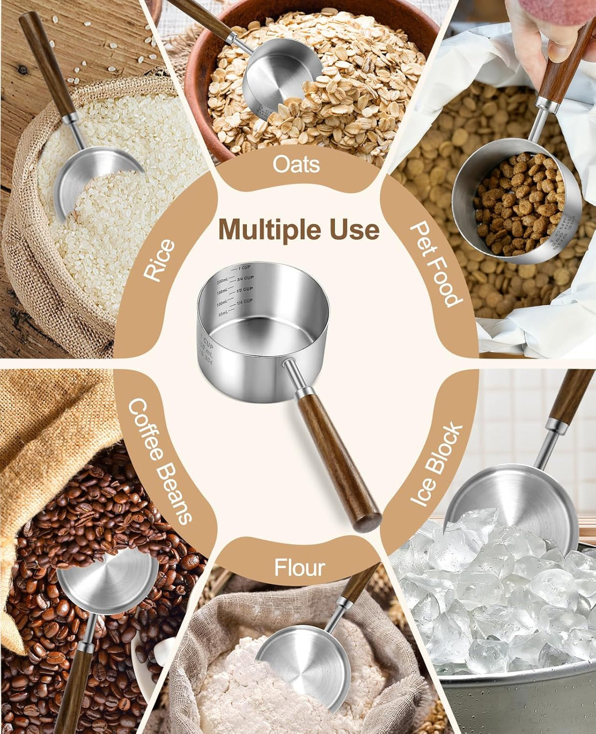 Stainless Steel Dog Food Scoop 1/2 Cup, Dog Food Measuring Cup With Measuring Lines & Long Wooden Handle, Metal Pet Food Scoop For Dogs, Cats and Kitchen Use (1/2 CUP)