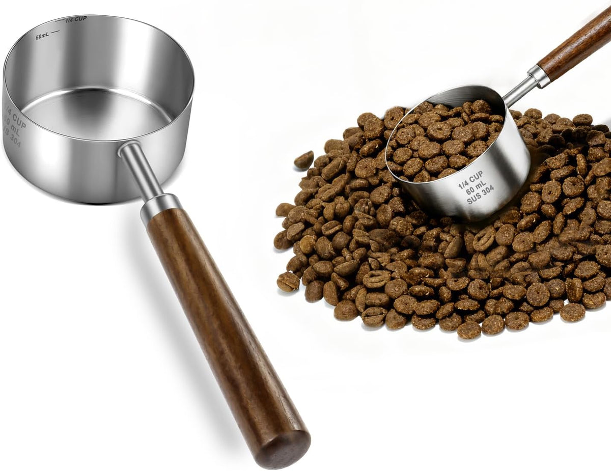 Stainless Steel Dog Food Scoop 1/2 Cup, Dog Food Measuring Cup With Measuring Lines & Long Wooden Handle, Metal Pet Food Scoop For Dogs, Cats and Kitchen Use (1/2 CUP)