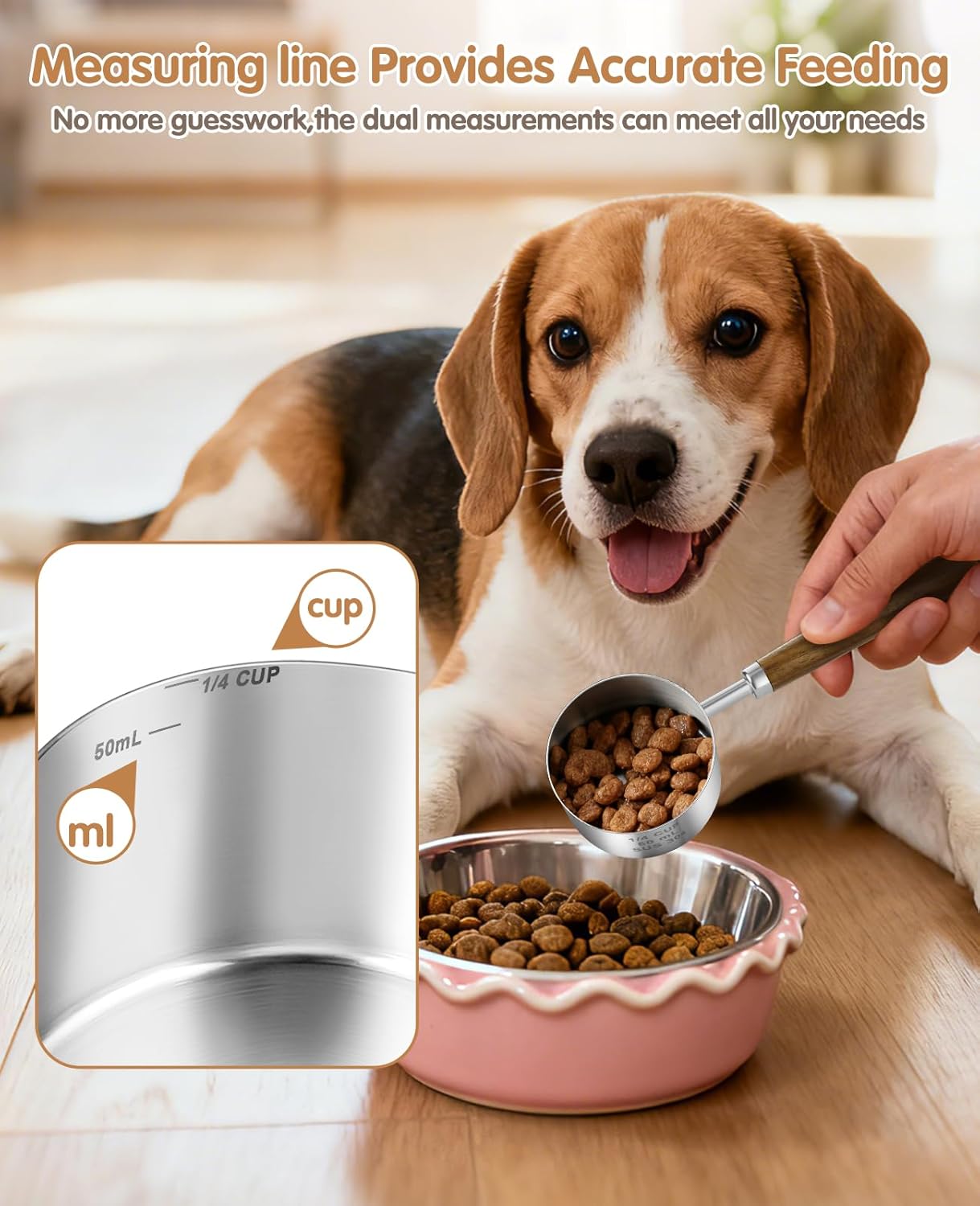 Stainless Steel Dog Food Scoop 1/2 Cup, Dog Food Measuring Cup With Measuring Lines & Long Wooden Handle, Metal Pet Food Scoop For Dogs, Cats and Kitchen Use (1/2 CUP)