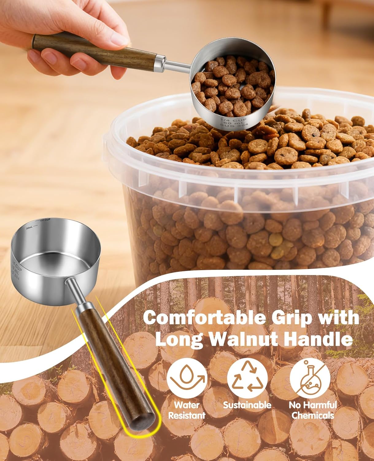 Stainless Steel Dog Food Scoop 1/2 Cup, Dog Food Measuring Cup With Measuring Lines & Long Wooden Handle, Metal Pet Food Scoop For Dogs, Cats and Kitchen Use (1/2 CUP)