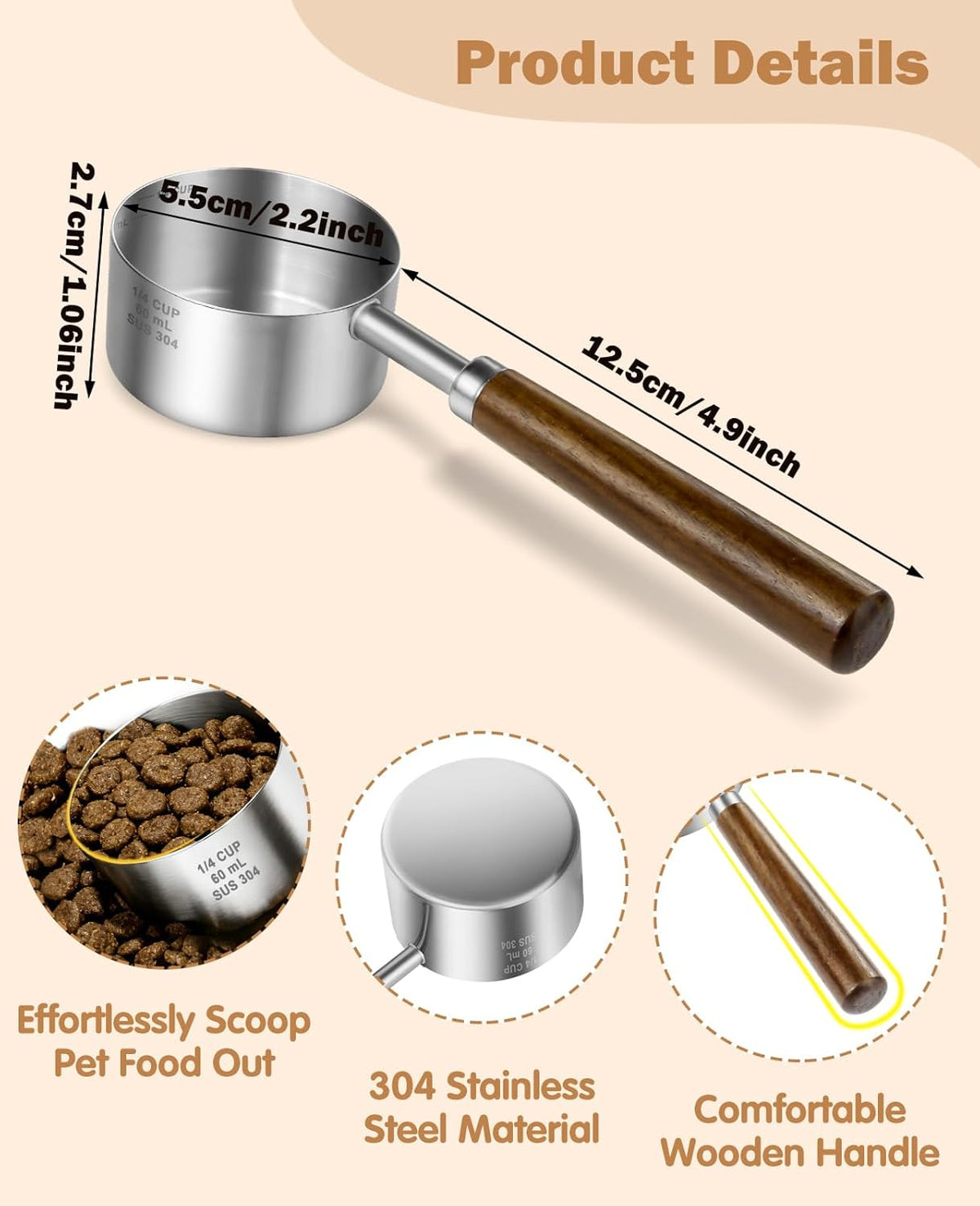 Stainless Steel Dog Food Scoop 1/2 Cup, Dog Food Measuring Cup With Measuring Lines & Long Wooden Handle, Metal Pet Food Scoop For Dogs, Cats and Kitchen Use (1/2 CUP)