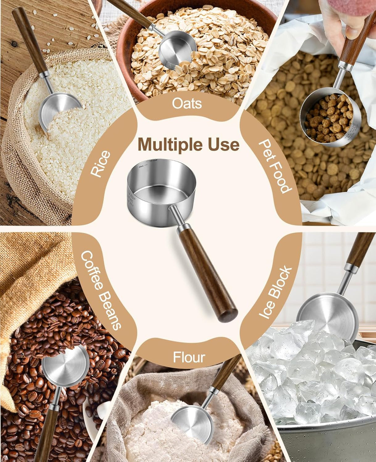 Stainless Steel Dog Food Scoop 1/2 Cup, Dog Food Measuring Cup With Measuring Lines & Long Wooden Handle, Metal Pet Food Scoop For Dogs, Cats and Kitchen Use (1/2 CUP)