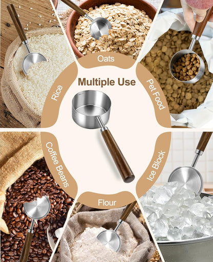 Stainless Steel Dog Food Scoop 1/2 Cup, Dog Food Measuring Cup With Measuring Lines & Long Wooden Handle, Metal Pet Food Scoop For Dogs, Cats and Kitchen Use (1/2 CUP)