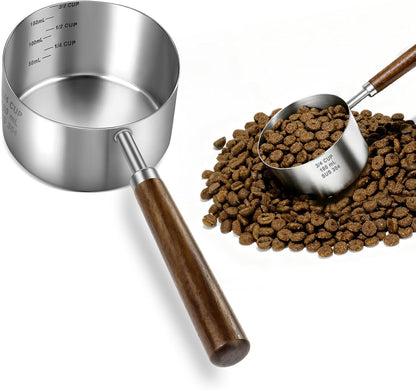Stainless Steel Dog Food Scoop 1/2 Cup, Dog Food Measuring Cup With Measuring Lines & Long Wooden Handle, Metal Pet Food Scoop For Dogs, Cats and Kitchen Use (1/2 CUP)